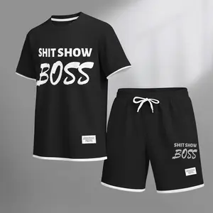 Men's Boss print drawstring shorts set for spring/summer, a casual summer outfit including a short-sleeved shirt and shorts, suitable for everyday wear and sports. A two-piece set for a relaxed and energetic lifestyle.