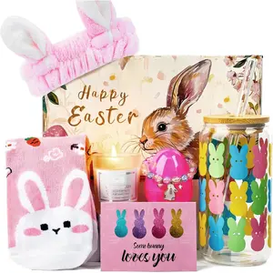 Easter Baskets for Adults, Easters Basket Easter Gifts for Teen Girls, 18oz Bunny Glass Cup  with Lid Straw, Prefilled Easters Basket Stuffers for Women with Candle, Bracelet, Socks Hairband
