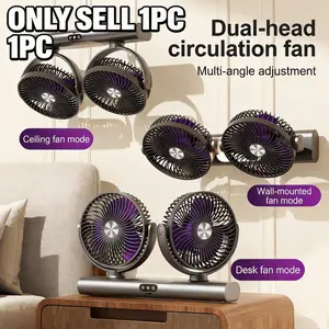 3-in-1 Dual-Head Circulation Fan, Ceiling/Wall/Desk Mountable Fan with 3-Speed Wind, Multi-Angle Adjustment, USB Rechargeable, Portable Cooling Fan for Home Office Camping