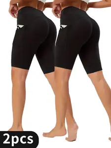 2-Pack High Waist Booty Shorts & 5-Inch Biker Shorts with Pockets Tummy Control No See-Through Squat-Proof for Running Cycling & Gym 4-Way Stretch Super Comfort Fabric