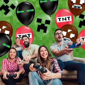 12pcs Pixel Block Latex Balloons, Sandbox Game Inspired Party Decorations, Pixel Monster & Tnt Pattern, Kids Birthday Party Supplies