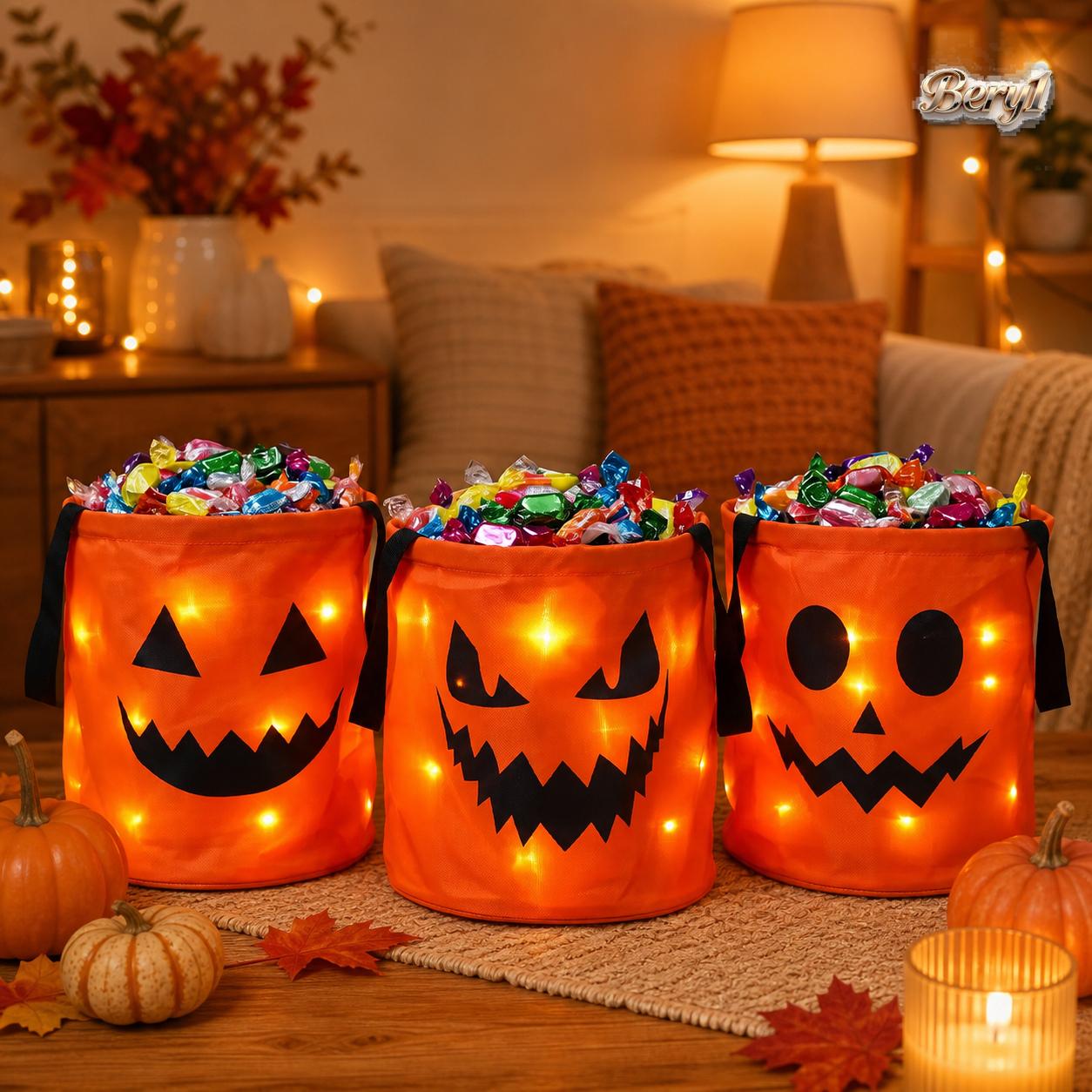3/4 Pcs Light Up Halloween Candy Buckets with LED Lights, Non-Woven Trick or Treat Bags, Reusable Pumpkin Tote Gift Bags for Kids Adults, Glowing Candy Bags for Home Garden Lawn Decor,bery1--Halloween Birthday Christmas Party Favor Supplies.