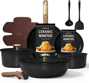 15Pcs Ceramic Cookware Set, Pots and Pans Set Non stick, Kitchen Cooking Set with Detachable Handle, Non Toxic Induction Cookware, Dishwasher/Oven Safe, PFAS Free, Black&Gold