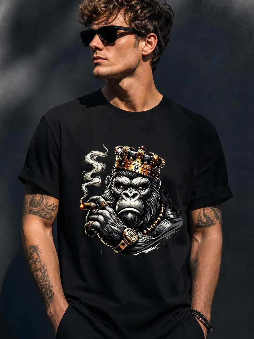 Men's Oversized Black Short-Sleeve Cotton Round Neck T-Shirt - Retro Street Graphic King Gorilla with Crown, Cigar, Gold Jewelry - Stylish Y2K Casual Street Style Menswear Top