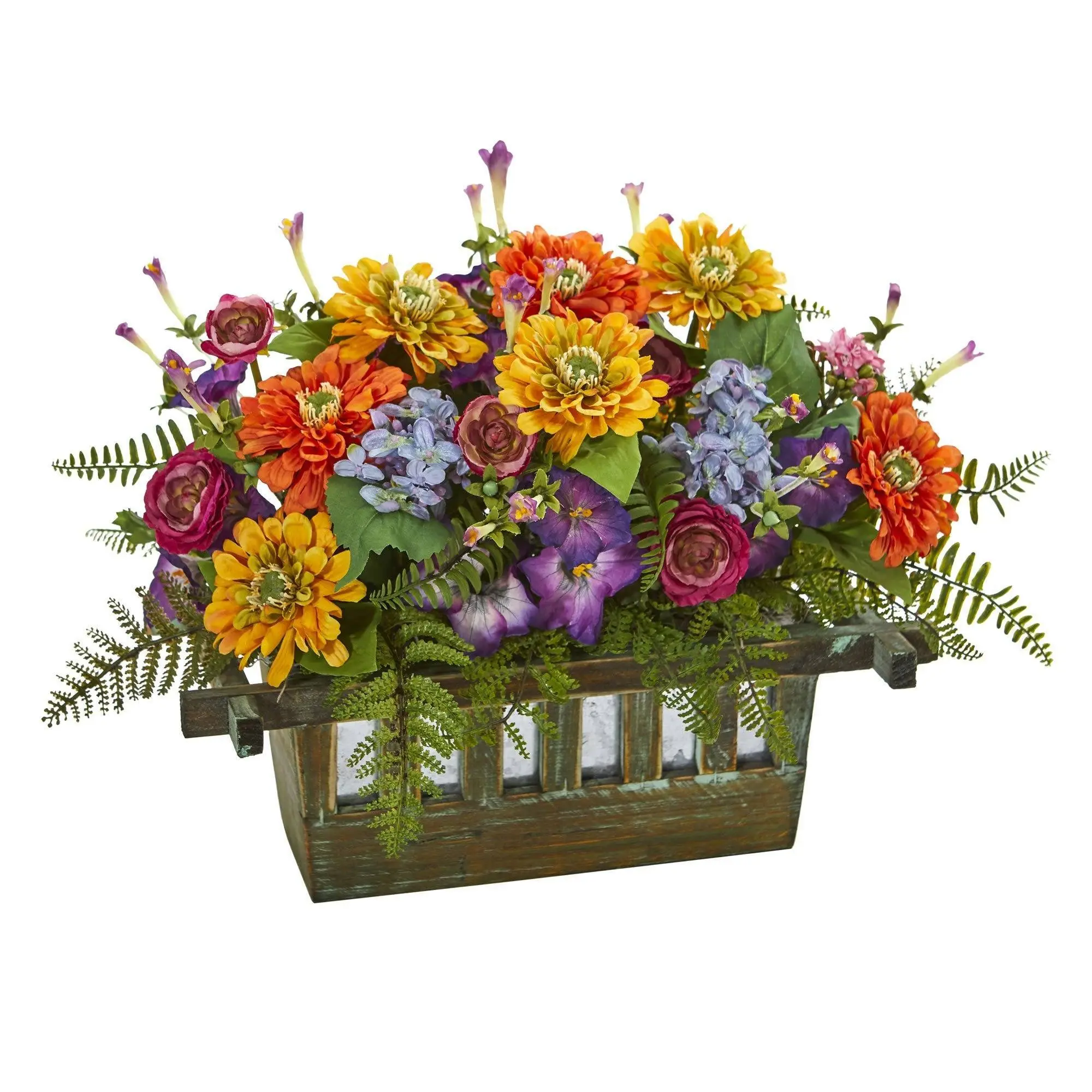 Colorful Vibrant Faux Flower Floral Arrangement - Rectangular Shape Wood Planter, Desk Accent, Home & Office Decorative Centerpiece, Colorful Faux Flower, Vibrant Faux Flowers