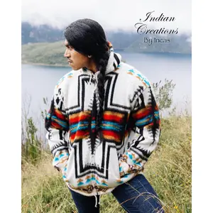 Handcrafted White Cross Alpaca Wool Jacket. Hoodie Design by Indigenous Hands. Super warm. Machine Washable.