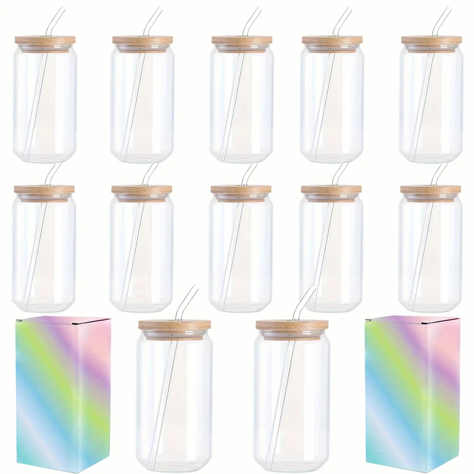 12Pack Sublimation Frosted/ Clear Glass Cups with Bamboo Lid 16oz Glasses Tumbler with Straw and Brush