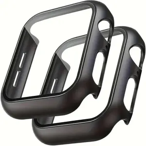 2 Pack PC Watch Case with Tempered Glass Screen Protector, Full Coverage Protective Cover Compatible with Apple Watch 38-46mm Series 1-11 SE Ultra