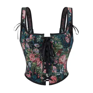 Floral Corset Top for Women Vintage Lace Up Bustier Cottagecore Renaissance Fashion Outfit 73028