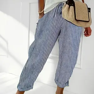 Women'S Striped Wide-Leg Casual Pants - High-Waisted, Lightweight Polyester, Machine Washable, All-Season Comfort with Side Stripe Detail