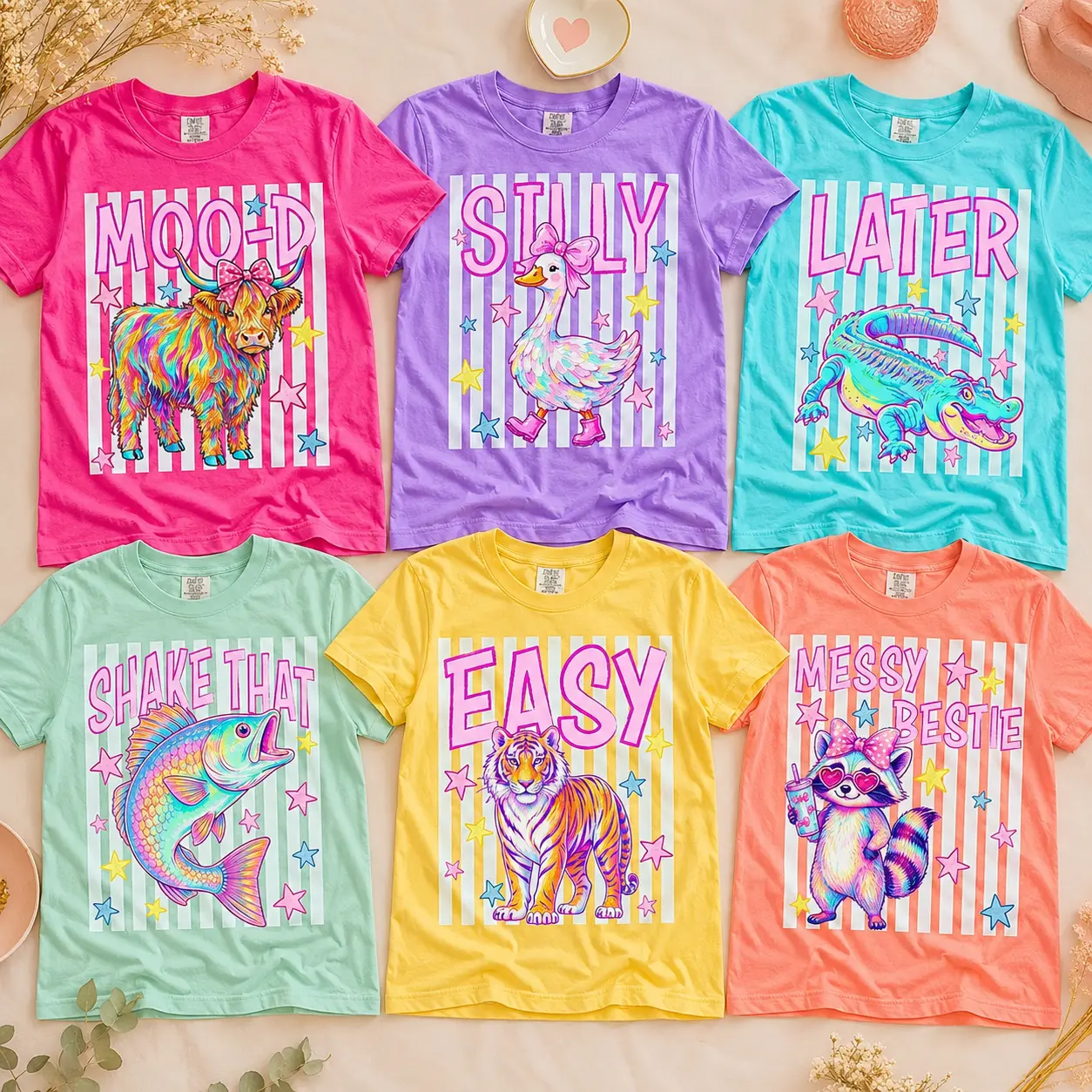Comfort Colors Preppy Summer Coastal T-Shirt , Trendy Feral Raccoon Vogue, Easy Tiger, Later Gator, Loose Goose Striped Animal Tee, Gift for Her Tops Womenswear - TrendWear USA