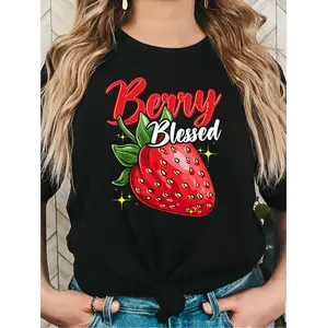 Stylish Women's Strawberry Print Cotton Blend Tee With Crew Neck and Short Sleeves for Year Round Comfort