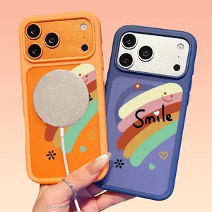Rainbow and Smiling Face Pattern Thick Silky-Touch Magnetic Phone Case for iPhone 17 Pro Max 17Air 16 Plus 15 14 13 12 Compatible with Magsafe Shockproof Smartphone Protect Casing Cover