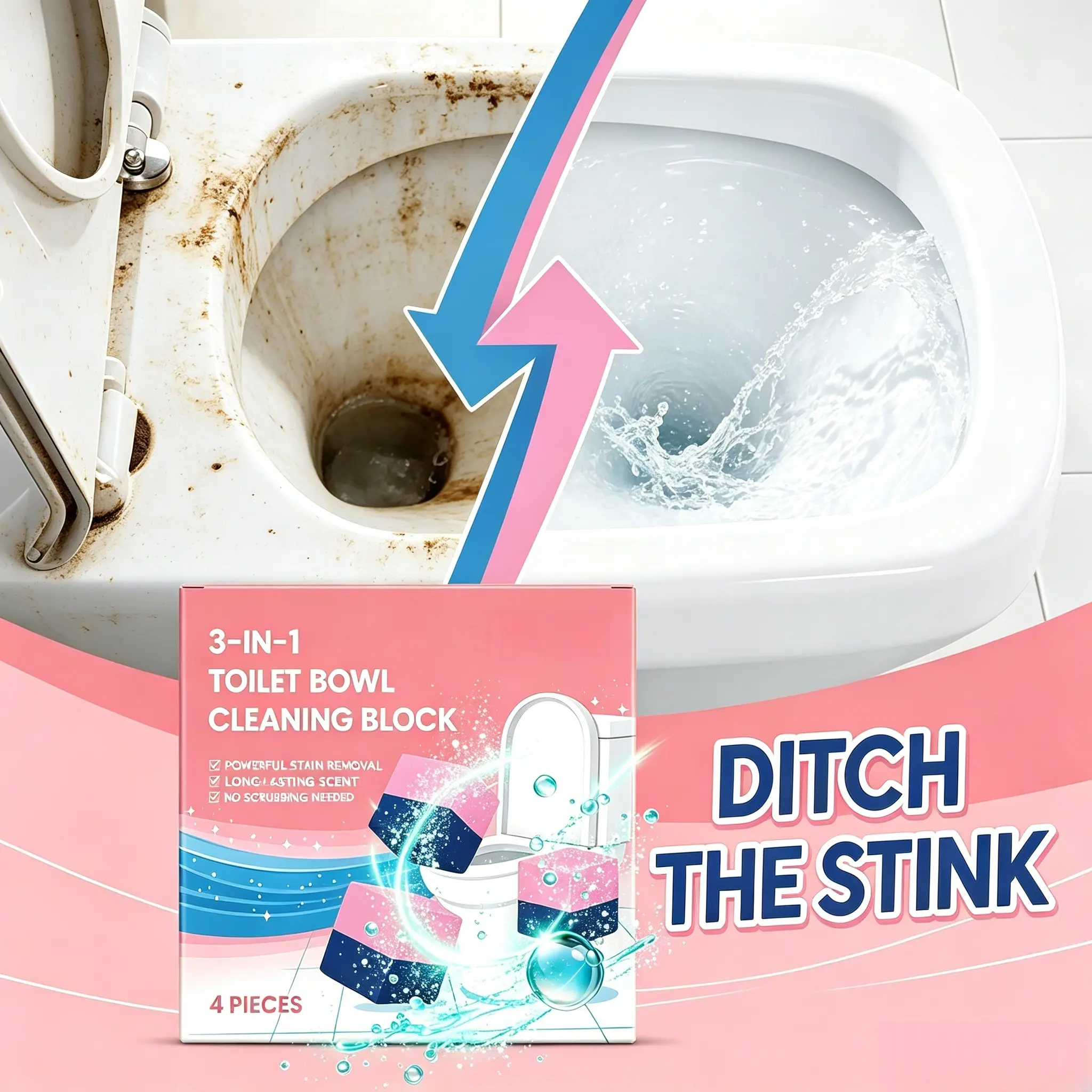 3-in-1 Compact Block Toilet Care Tank Cleaner, Bicarb & SLS Stain Removal Cleaner, Long-Lasting Odor Eliminator for Bathroom Toilets