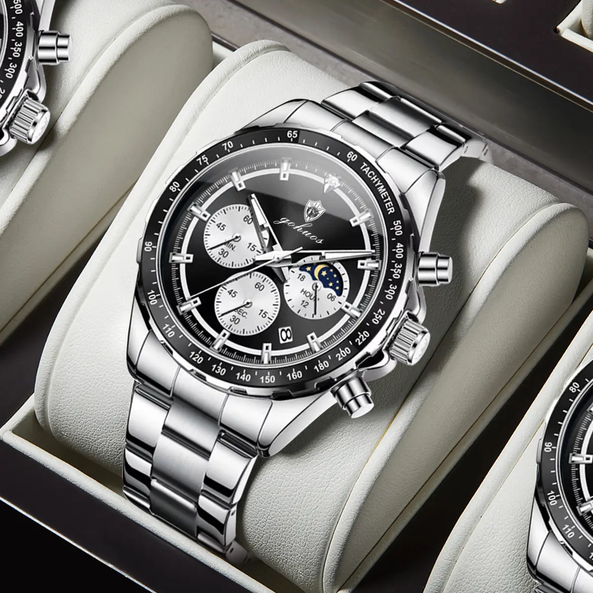 GOHUOS Fashion Luxury Men Clock Luminous Waterproof Chronograph Date Man Wristwatch Stainless steel band Quartz Sport Men's Watches