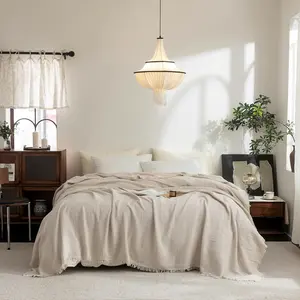 Muslin Blanket with - 4-Layer 100% Cotton Gauze Soft & Breathable Throw -Lightweight Decorative Cooling Blanket for Bed, Sofa, Office -Oversize Queen Size 98" * 98" (Beige)