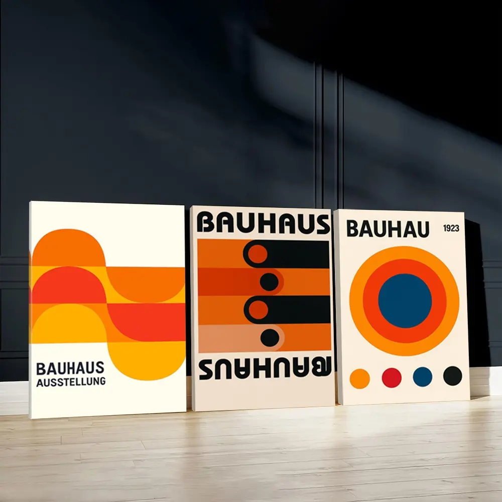 3pcs Bauhaus design Wall Art Decoration, Geometric shapes Poster, Bold colors Art Prints, Retro style Home Decor, Modern Wall Paintings, Cozy Canvas Posters Wall Arts, Decor for Living Room, Restaurant, Kitchen, Bedroom, Housewarming Gift, With Frame