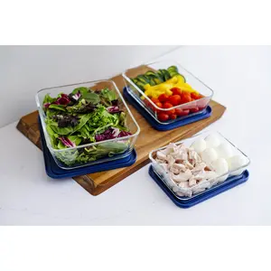 Glass Food Storage Containers - 6 Piece (3 Containers + 3 Lids) Rectangular Nesting Space-Saving Set