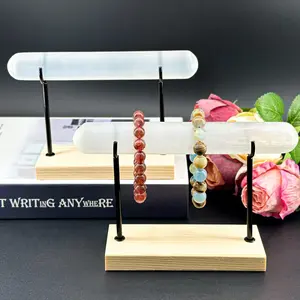 【Higher Crystal】1 count Selenite Jewelry Display Rack | Crystal Bracelet Holder with Wooden Base | Energy Cleansing Organiser Organiser Gift