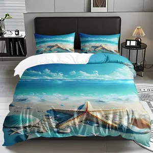 2/3 Pcs Beach Shell,starfish Pattern Duvet Cover Set (1*Duvet Cover +1/2*Pillowcase,No Filling)Soft,comfortable Bedding Set, Suitable For All Seasons, Machine Washable, Perfect As A Gift For Family,friends On Festivals, Birthdays, Christmas,New Year!