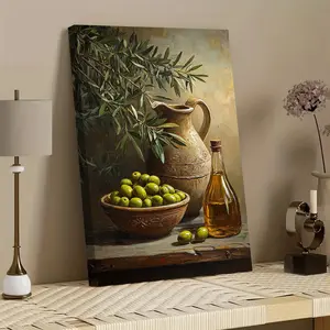 2D Flat [Hanging Art]1pc Olive Tree Canvas Art Print with Frame - Rustic Pine Wood, Modern Decor for Living Room, Bedroom, Office - IndoorOutdoor Wall Hanging Decor, Olive Tree Decor