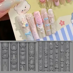 Cute Lace Frame Nail Art Mold, Transparent Silicone Mold for Bow Beads Cartoon Rabbit Heart Star Moon Flower Design, Nail Art Tools, Diy Nail Art