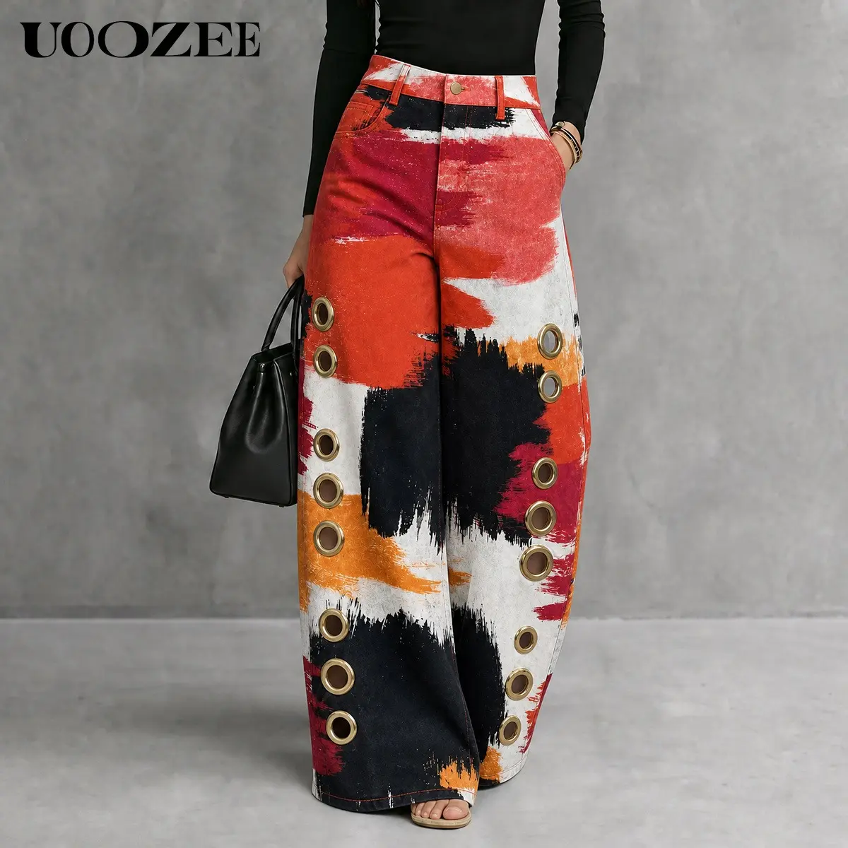 UOOZEE Women's High Waist Oversized Streetwear Pants - Long, Soft Faux Matte Polyester Knit Wide Leg Bottoms with Side Eyelet Cutouts, Elastic Adjustable Waist, Brushstroke Tropical Print, All Seasons Smart Casual Party Wear, Hand Washable
