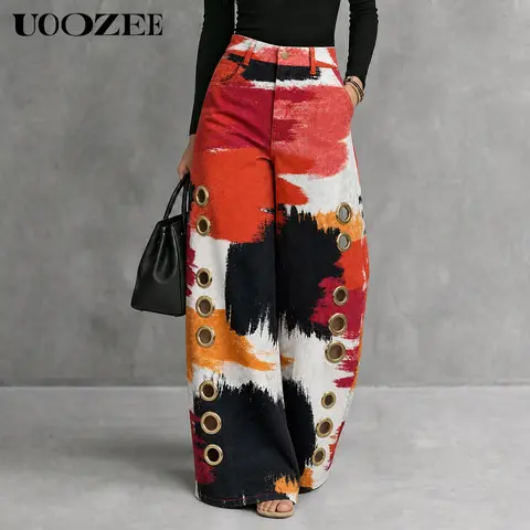UOOZEE Women's High Waist Oversized Streetwear Pants - Lightweight Loose Baggy Soft Faux Matte Polyester Knit Wide Leg Clothes, Side Eyelet Cutouts, Elastic Adjustable Waist, Brushstroke Tropical Print, Smart Casual Party Wear, Hand Washable