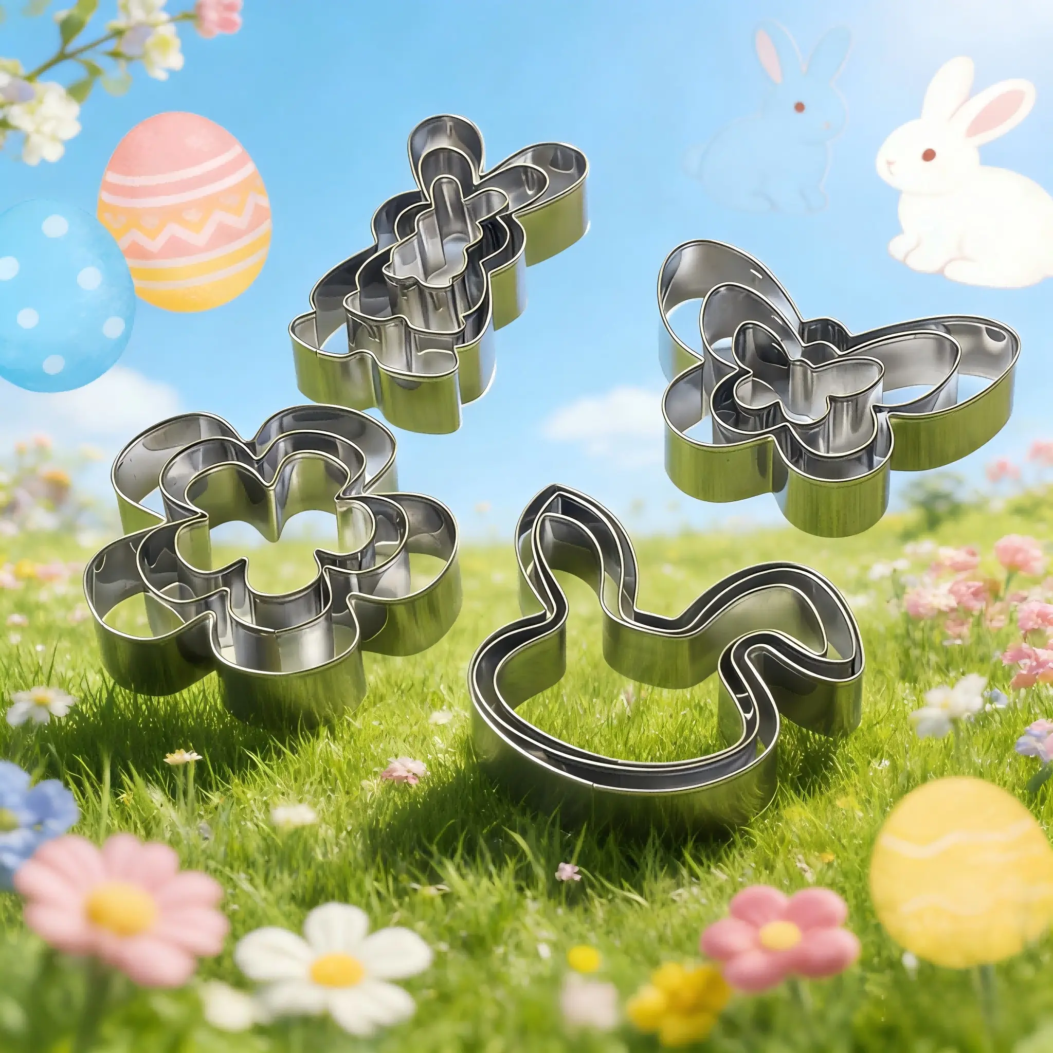 12pcs Easter Cookie Cutter Set – Rabbit, Bunny Face, Butterfly & Flower Stainless Steel Bakeware Baking Tools Baking Molds for Cake Decorating, Chocolate, Sandwiches & Fruit | DIY Biscuits & Gift-Giving Kitchen Accessories