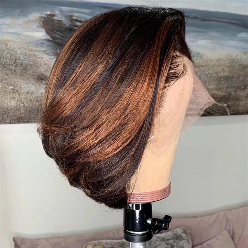 Bob Wig Human Hair Highlight Ombre 13x4 HD Transparent Lace Front Wigs 1b/27 Black and Blonde Wig Human Hair Pre Plucked with Baby Hair 200 Density Short Bob Wigs 10 Inch