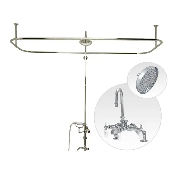Chrome Side Deck Mount Clawfoot Tub Shower Enclosure with Gooseneck Faucet and Rain Shower Head
