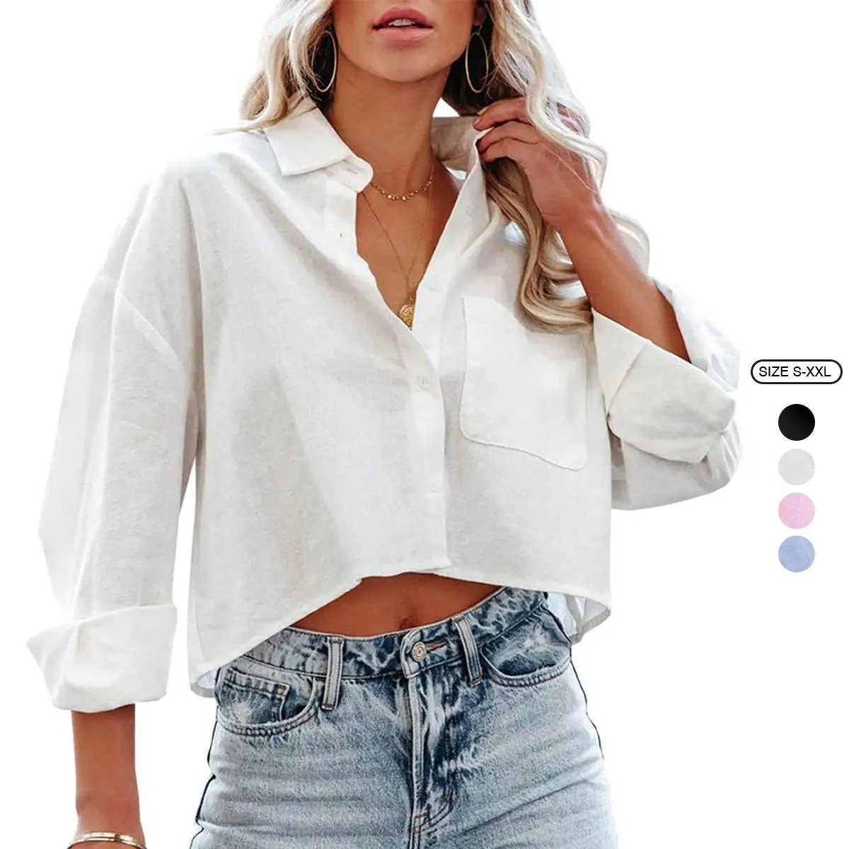 Imily Bela Womens Button Down Cropped Shirts Long Sleeve Casual Crop Tops Solid Lapel Blouse Shirt with Chest Pocket