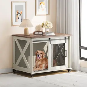GARVEE 37'' Dog Crate Furniture Side End Table with Flip Top and Movable Divider, Wooden Dog Crate Table Large, Style Dog Kennel Side End Table, White