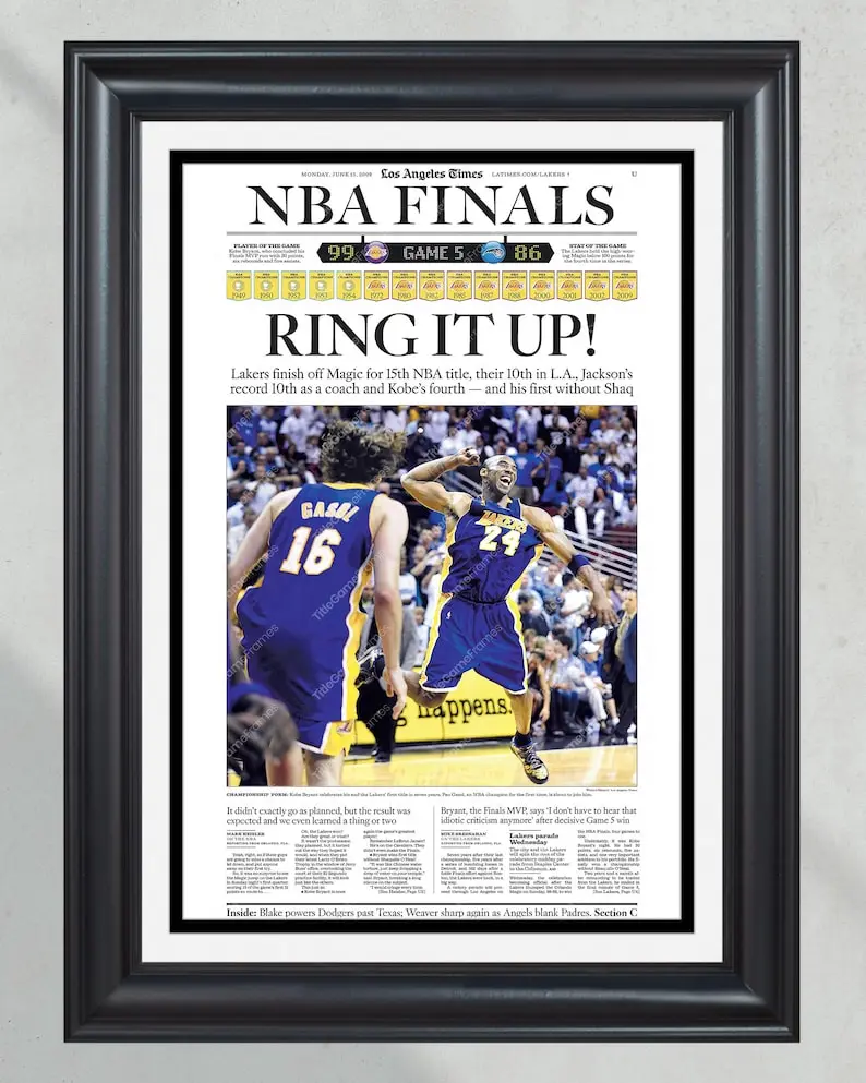 2009 LA Champions Framed Newspaper Front Page Print Kobe Bryant Staples Center