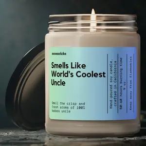 Smells Like World's Coolest Uncle Soy Wax Candle - 50-60 Hours Burn Time, 100% Cotton Wick, Reusable Glass Jar, Eco-Friendly Vegan Formula, 9 Scent Options