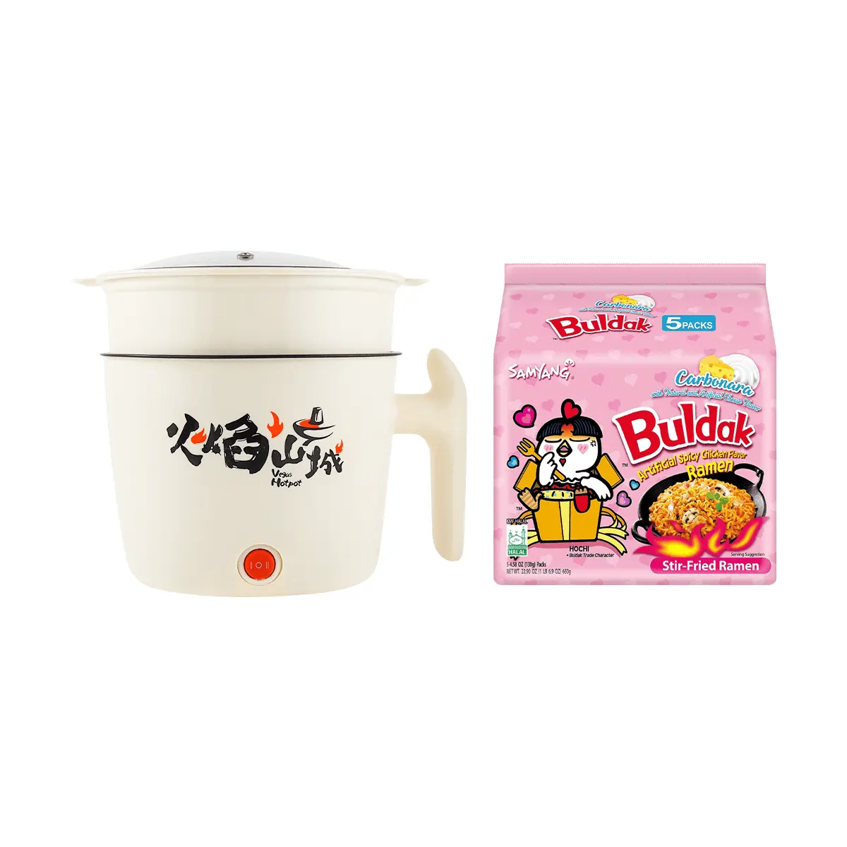 Samyang Buldak Creamy Cheese Noodles - 5 Pack (650g) with 18cm Electric Hot Pot - Random Color Delivery - Chicken