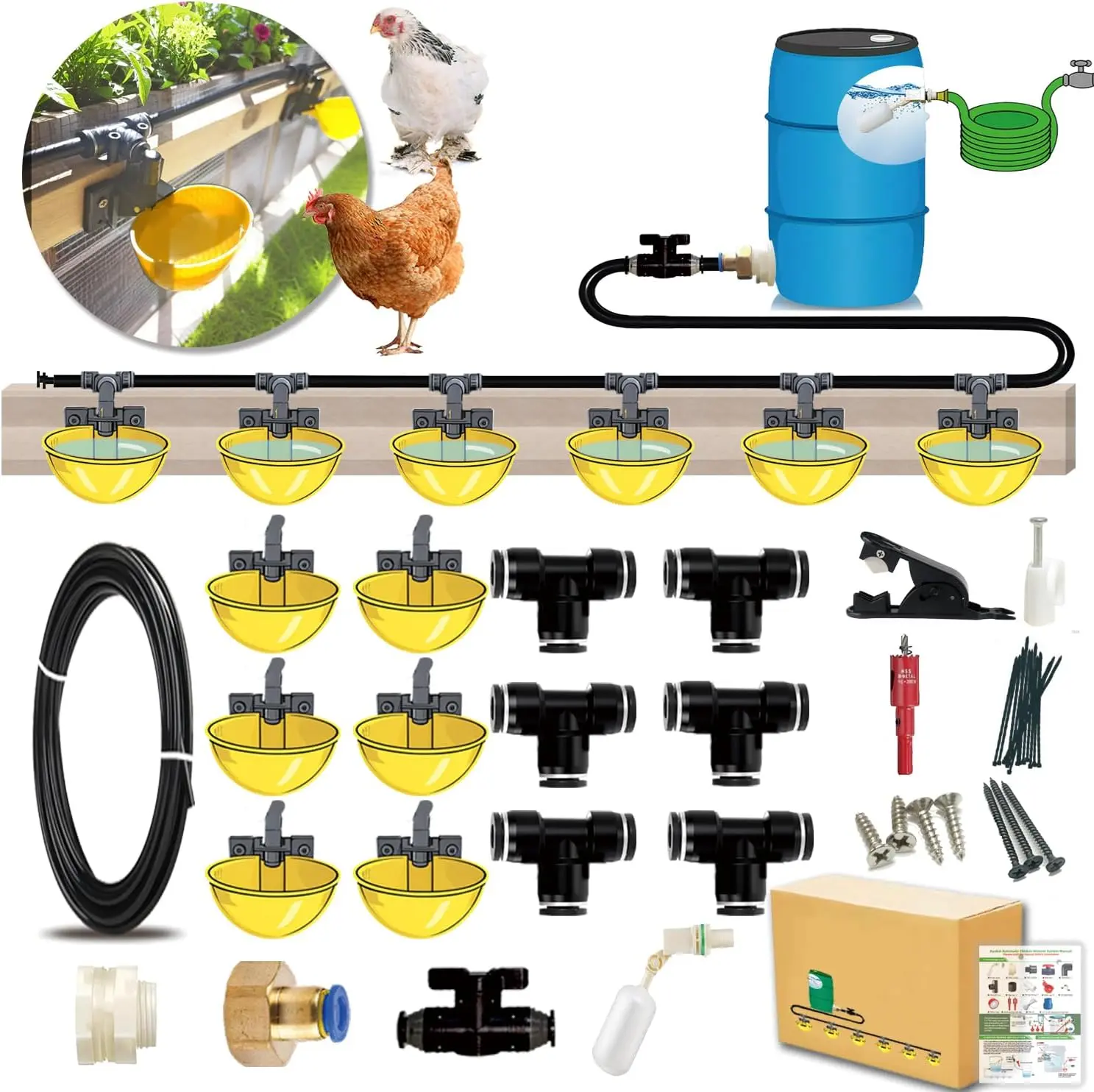 Complete Set Pipeline Automatic Chicken Waterer System, Innovative Quick-Connect Water System with Large Size Water Cups Removable and Washable, 18ft Pipeline and Float Valve (Yellow, 6Cup)