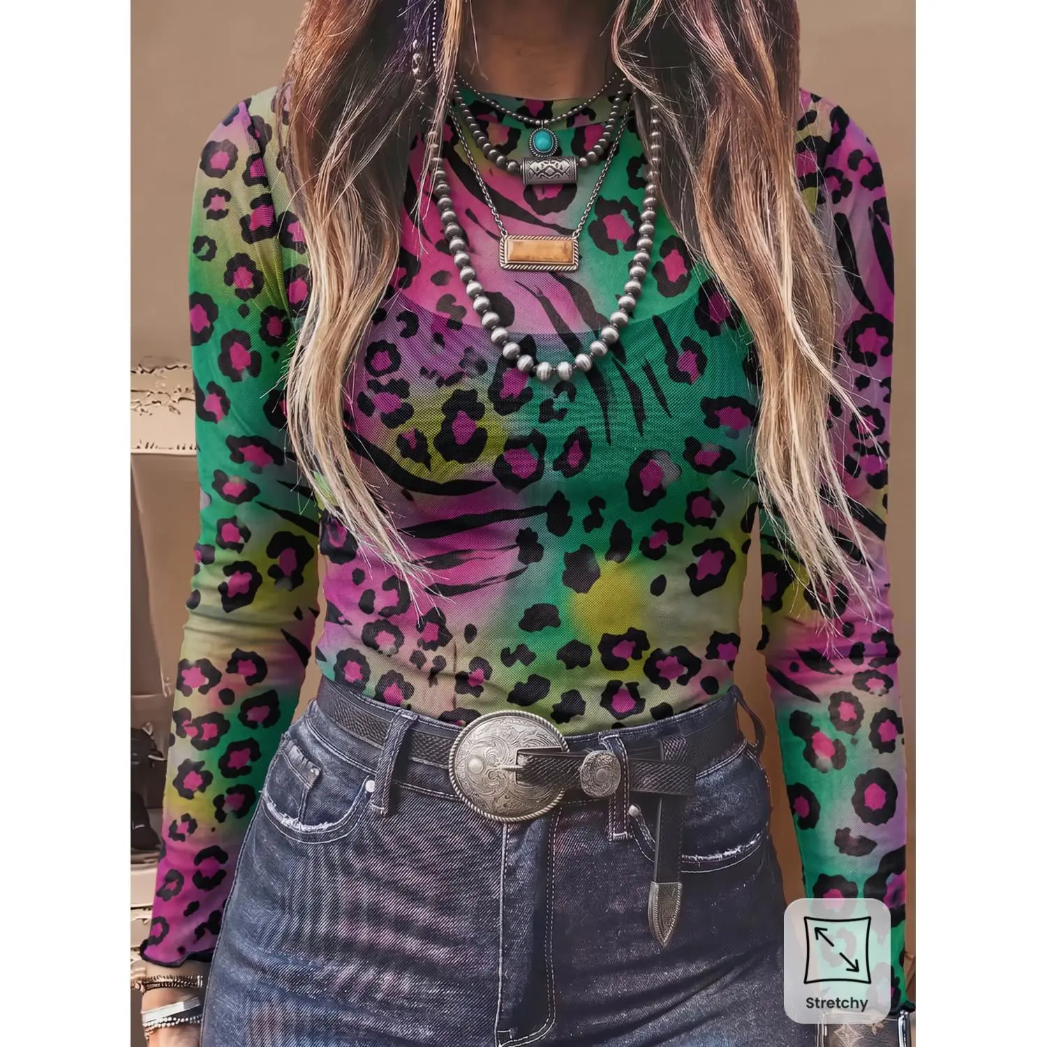Women's Long Sleeve Leopard Print Sheer Mesh Top, Soft Stretch Lightweight Breathable Fabric, Elegant Multi-Scene Inner & Outer Wear For All Seasons