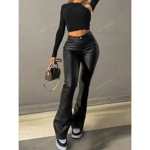 Black flared pants for spring, made of faux leather in an American style—slimming and leg-lengthening, fashionable for young women. Can be used with a raincoat