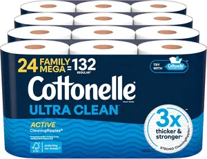 Cottonelle Ultra Clean Toilet Paper with Active CleaningRipples Texture, Strong Bath Tissue, 24 Family Mega Rolls = 132 Regular Rolls (4 Packs of 6)