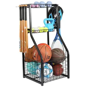 Sports Equipment Organizer for Garage Organization,Ball Storage With Basketball Holder and Ball Cart Rack,Outdoor Toy Storage with Bin for Nerf Gun,Football,Volleyball Stuf,Gym Accessories
