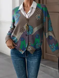 Women's Fall & Winter Fitted V-Neck Long Sleeve Cardigan Sweater, Geometric Pattern, Casual Style, Imitated Mink Wool Material