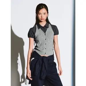 URBAN REVIVO 2026 Spring Women's Cotton Blend Fabric Knit Top - Knitwear, Casual Wear, Urban Color Block, Patchwork, Cable Knit, Plaid, Mid-Length/Shortsleeve Options, Multi Size, Bottom-Matching Compatible, UYU960052
