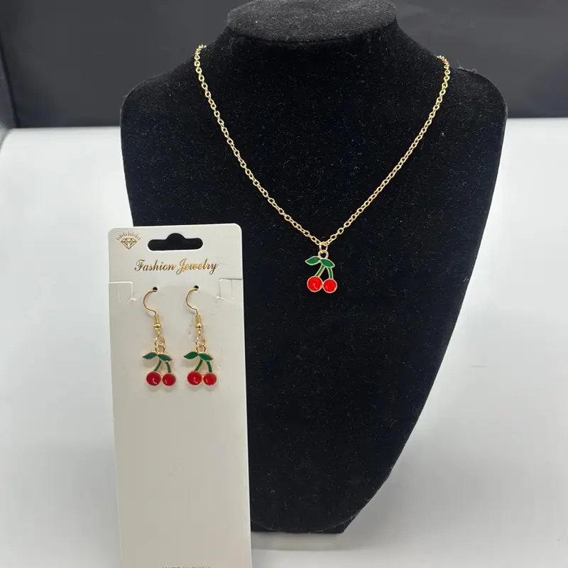 Cherry Necklace and Earrings Set - Gold Tone Jewelry with Red Cherry Design - Perfect for Everyday Wear
