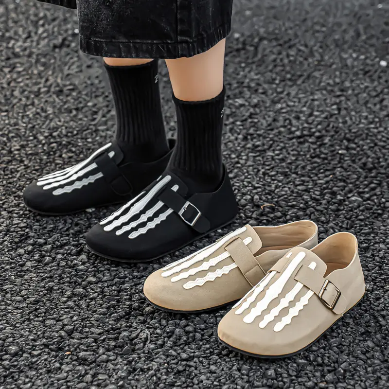 Men's Four Seasons Style Lazy Fashionable One Foot Pedal Loafers with Striped Design and Buckle Closure in Black & Beige Flat Versatile Shoes