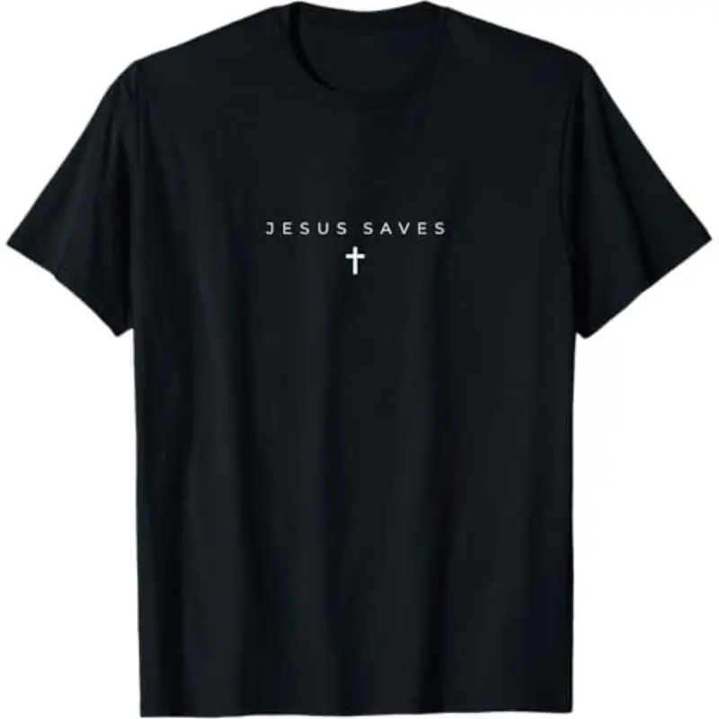 Men's Christian Graphic T-Shirt, Minimalist Jesus Saves Cross Design, Casual Short Sleeve Streetwear Top for Faith, Shortsleeve, Tshirt, Round Neck, Cotton Material, Menswear