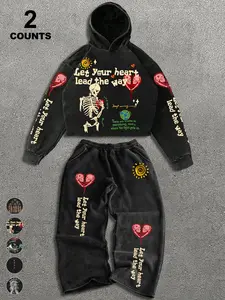 Men's Y2K Dark Cure Style Fitted Two-Piece Set, Hooded Sweatshirt & Pants, Skull Heart Design, Streetwear, Casual Spring & Fall Fashion