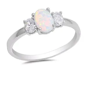 Lab White Opal and CZ Sterling Silver Ring