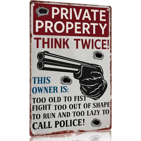 12x8in Aluminium Rectangular Vintage Garage Sign - "Private Property - Think Twice!" Cue, Rust-Proof Pre-Drilled Home Decor Products, Funky Western Man Cave Wall Plaque, Easy-Install "Too Lazy to Call" Humor + Protection Decor for Humor Lovers