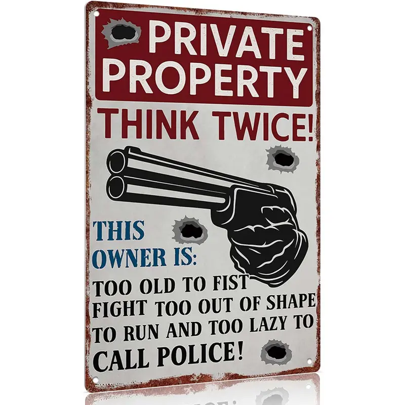 12x8in Aluminium Rectangular Vintage Garage Sign - "Private Property - Think Twice!" Cue, Rust-Proof Pre-Drilled Home Decor Products, Funky Western Man Cave Wall Plaque, Easy-Install "Too Lazy to Call" Humor + Protection Decor for Humor Lovers